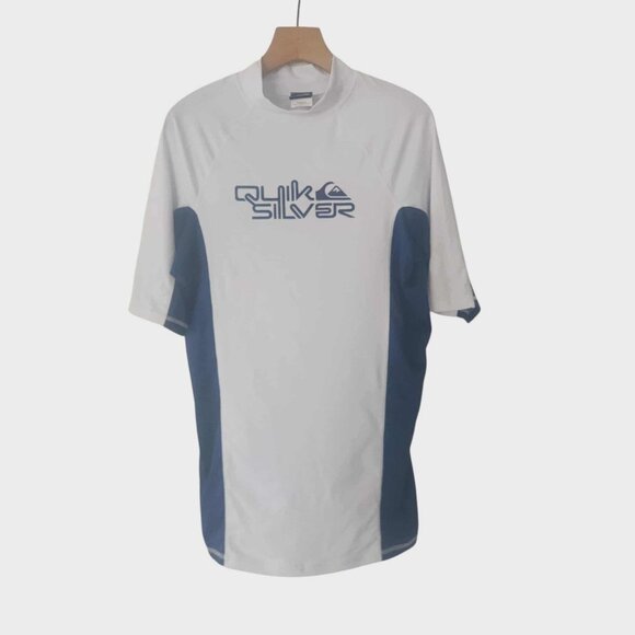 Quicksilver Rash Guard UVtech Surfing White Blue Short Sleeve Mens XL Slim Fit - Picture 1 of 10